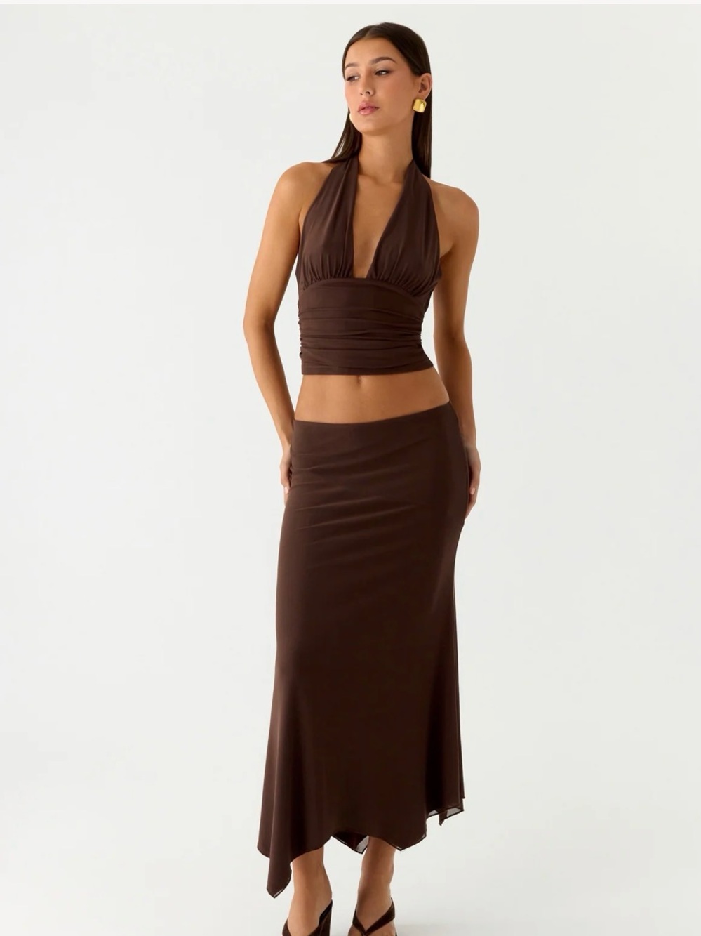 NWT Peppermayo XXS Kerrie Halter Top and Midi Skirt Set in Chocolate - Picture 2 of 6